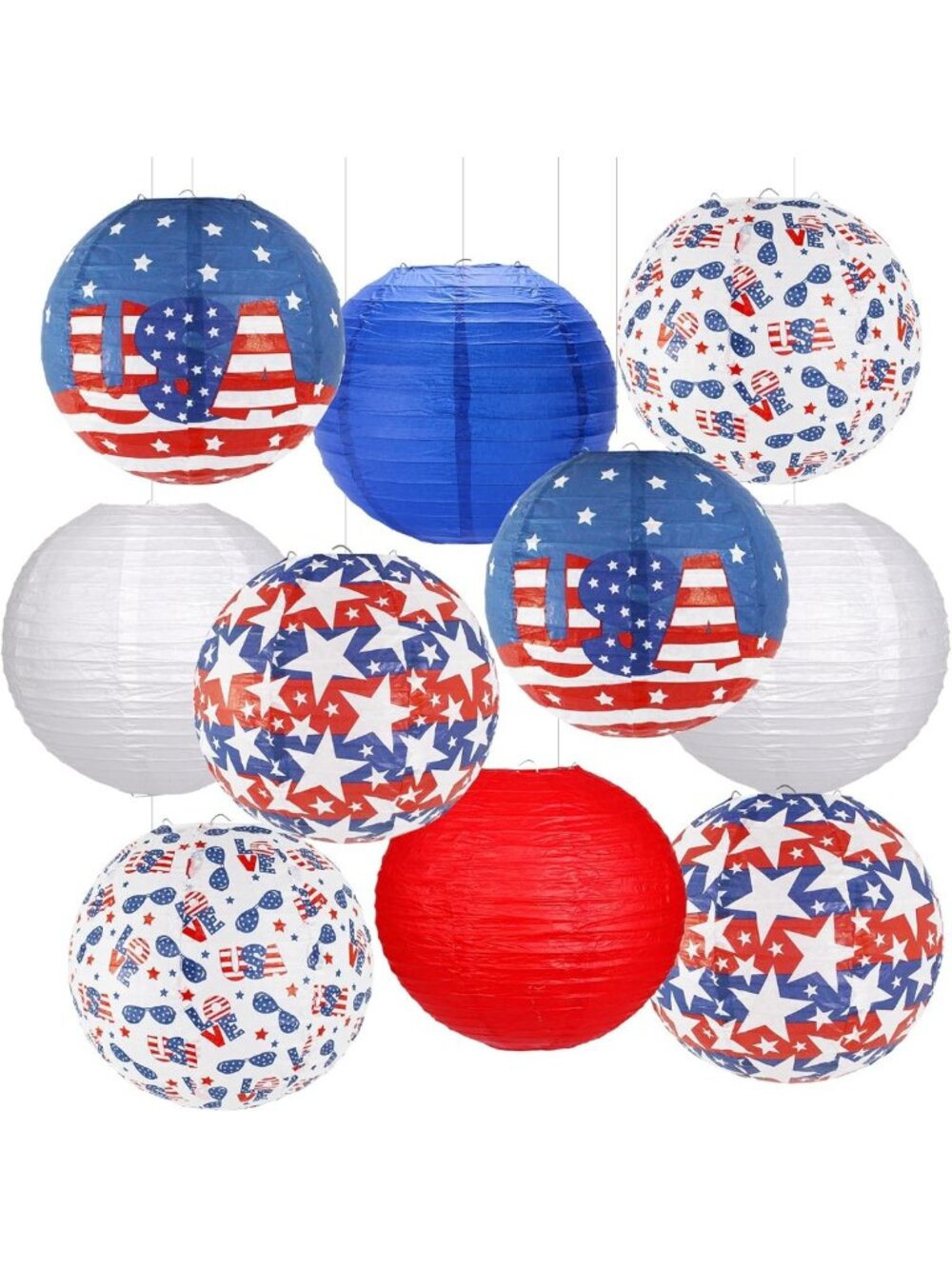 Patriotic Red White Blue Hanging Paper Lanterns - 10 Pack for 4th of July Decor
